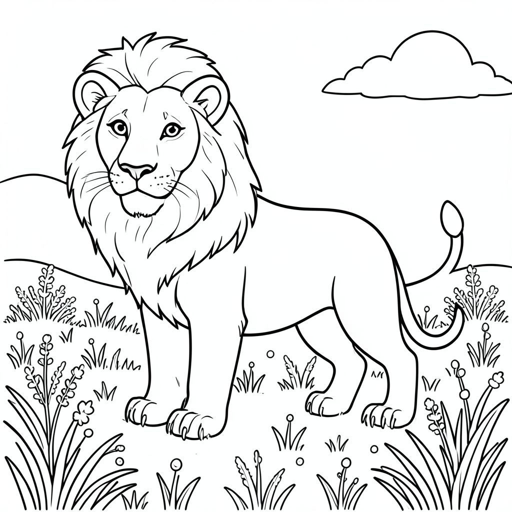 solo, chủ đề đơn, một đầu, hai mắt, hai tai, bốn chân, một đuôi, tỷ lệ tự nhiên, quy mô thích hợp trong môi trường, đúng giải phẫu, sư tử, đồng cỏ băng giá, giọt sương, cỏ, ánh sáng mặt trời, bầu trời quang đãng, nền đơn giản, sạch sẽ, tuyến tính, ngây thơ, sách truyện, trang màu, nghệ thuật đường, nền trắng, solo, chủ đề đơn, đúng giải phẫu, giải phẫu hoàn hảo