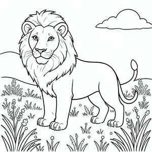 solo, chủ đề đơn, một đầu, hai mắt, hai tai, bốn chân, một đuôi, tỷ lệ tự nhiên, quy mô thích hợp trong môi trường, đúng giải phẫu, sư tử, đồng cỏ băng giá, giọt sương, cỏ, ánh sáng mặt trời, bầu trời quang đãng, nền đơn giản, sạch sẽ, tuyến tính, ngây thơ, sách truyện, trang màu, nghệ thuật đường, nền trắng, solo, chủ đề đơn, đúng giải phẫu, giải phẫu hoàn hảo