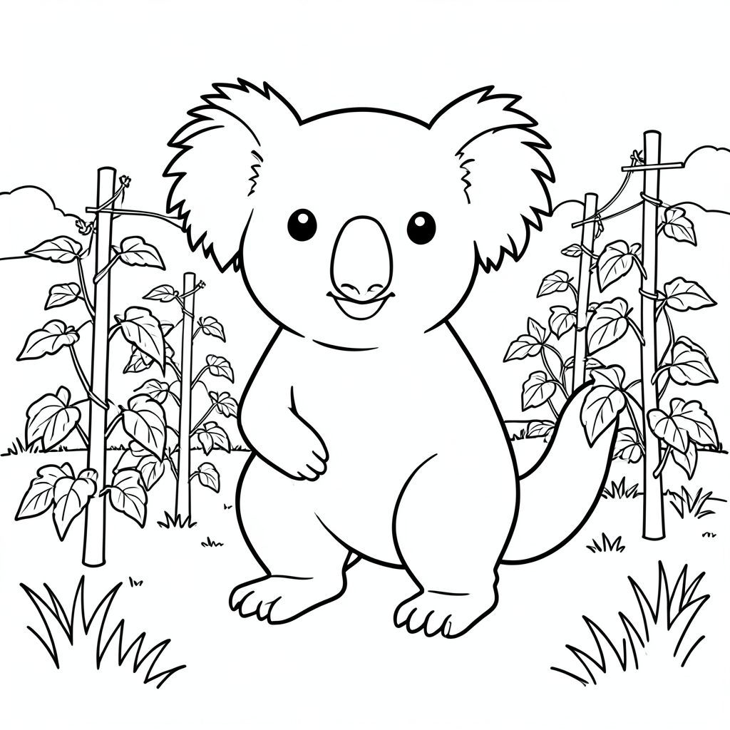 solo, chủ đề đơn, một đầu, hai mắt, hai tai, bốn chân, một đuôi, tỷ lệ tự nhiên, quy mô thích hợp trong môi trường, đúng về mặt giải phẫu, Koala, Vườn rau, cọc cà chua, Cột đậu, nền đơn giản, môi trường sạch sẽ, nhỏ, thuần khiết, Hình dạng đơn giản, cỏ, cánh đồng, trang tô màu, nghệ thuật đường nét, nền trắng, solo, chủ đề đơn, đúng giải phẫu, giải phẫu hoàn hảo