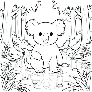 solo, chủ đề đơn, một đầu, hai mắt, hai tai, bốn chân, một đuôi, tỷ lệ tự nhiên, tỷ lệ thích hợp trong môi trường, đúng giải phẫu, Koala, Rừng, ao, phản chiếu, cây cối, nước trong, đá mịn, ánh sáng mặt trời, độ sâu, phối cảnh, tán lá, trang màu, nghệ thuật đường, nền trắng, solo, chủ đề đơn, đúng về mặt giải phẫu, giải phẫu hoàn hảo