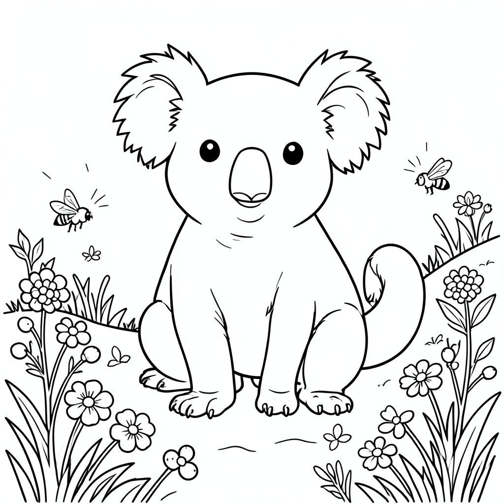 solo, chủ đề đơn, một đầu, hai mắt, hai tai, bốn chân, một đuôi, tỷ lệ tự nhiên, quy mô thích hợp trong môi trường, đúng giải phẫu, Koala, Quả mọng, sườn đồi, nắng, cỏ, hoa dại, ong, ù, đơn giản, sạch sẽ, lý lịch, trang màu, nghệ thuật đường, nền trắng, solo, chủ đề đơn, đúng về giải phẫu, giải phẫu hoàn hảo