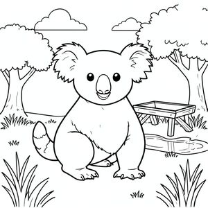 solo, chủ đề đơn, một đầu, hai mắt, hai tai, bốn chân, một đuôi, tỷ lệ tự nhiên, quy mô thích hợp trong môi trường, đúng giải phẫu, Koala, Đồng cỏ, cỏ, cây, bóng râm, máng, Nước, đơn giản, sạch sẽ, lý lịch, Bầu trời, trang màu, nghệ thuật đường, nền trắng, Solo, chủ đề đơn, đúng về mặt giải phẫu, giải phẫu hoàn hảo