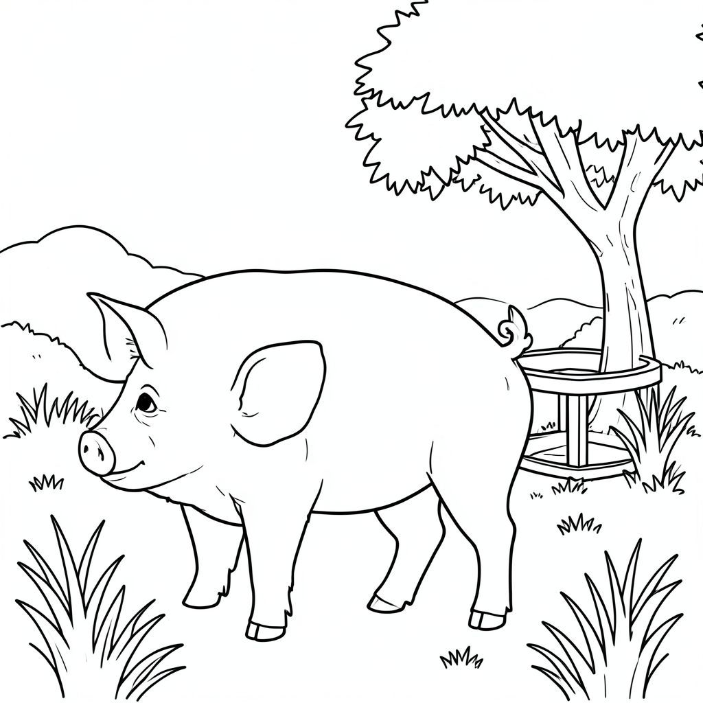 solo, chủ đề đơn, một đầu, hai mắt, hai tai, bốn chân, một đuôi, tỷ lệ tự nhiên, quy mô thích hợp trong môi trường, đúng giải phẫu, Con lợn, Đồng cỏ, cỏ, máng nước, cây bóng mát, Ánh sáng mặt trời, đơn giản, sạch sẽ, lý lịch, tuyến tính, thuần khiết, trang màu, nghệ thuật đường, nền trắng, solo, chủ đề đơn, đúng về mặt giải phẫu, giải phẫu hoàn hảo