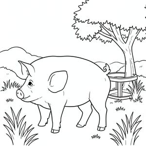 solo, chủ đề đơn, một đầu, hai mắt, hai tai, bốn chân, một đuôi, tỷ lệ tự nhiên, quy mô thích hợp trong môi trường, đúng giải phẫu, Con lợn, Đồng cỏ, cỏ, máng nước, cây bóng mát, Ánh sáng mặt trời, đơn giản, sạch sẽ, lý lịch, tuyến tính, thuần khiết, trang màu, nghệ thuật đường, nền trắng, solo, chủ đề đơn, đúng về mặt giải phẫu, giải phẫu hoàn hảo