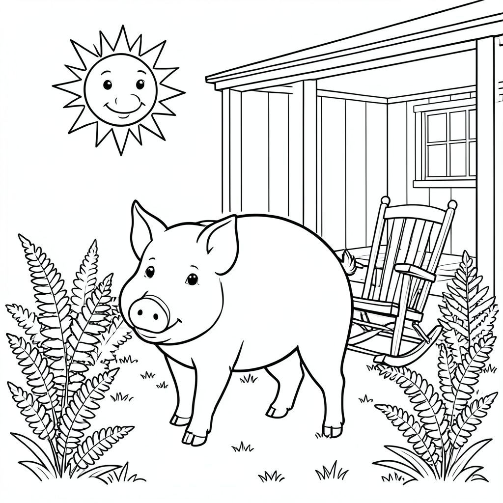 solo, chủ đề đơn, một đầu, hai mắt, hai tai, bốn chân, một đuôi, tỷ lệ tự nhiên, quy mô thích hợp trong môi trường, đúng giải phẫu, Con lợn, mặt trời, hiên nhà, ghế bập bênh, dương xỉ, vườn, đơn giản, lý lịch, dọn dẹp, nội thất trắng, cỏ, trang tô màu, nghệ thuật đường, nền trắng, solo, chủ đề đơn, đúng giải phẫu, giải phẫu hoàn hảo