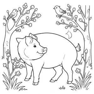 solo, chủ đề đơn, một đầu, hai mắt, hai tai, bốn chân, một đuôi, tỷ lệ tự nhiên, quy mô thích hợp trong môi trường, đúng về mặt giải phẫu, Con lợn, mùa xuân, chim, trở lại, chồi, cây cối, ấm áp, ánh sáng mặt trời, rõ ràng, đơn giản, sạch sẽ, trang màu, nghệ thuật đường, nền trắng, solo, chủ đề đơn, đúng về mặt giải phẫu, giải phẫu hoàn hảo