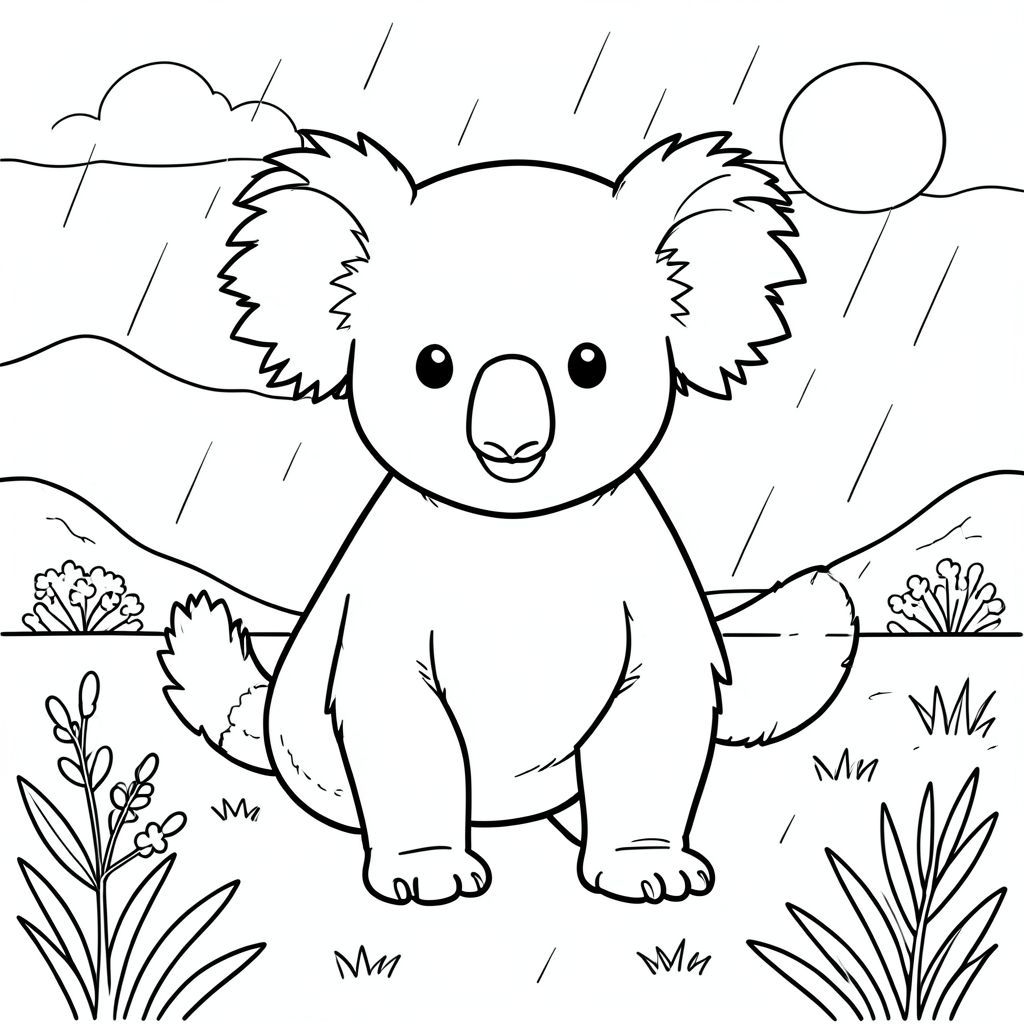 solo, chủ đề đơn, một đầu, hai mắt, hai tai, bốn chân, một đuôi, tỷ lệ tự nhiên, quy mô thích hợp trong môi trường, đúng giải phẫu, Koala, cánh đồng, mưa mùa xuân, ánh sáng mặt trời, bầu trời quang đãng, bầu trời, nền đơn giản, sạch sẽ, tuyến tính, trắng tinh khiết, đơn giản, trang màu, nghệ thuật đường, nền trắng, solo, chủ đề đơn, đúng về mặt giải phẫu, giải phẫu hoàn hảo