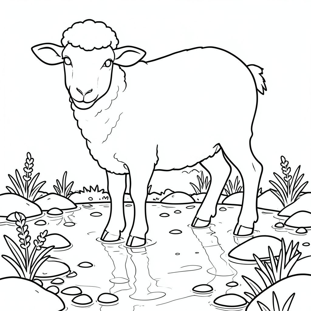 solo, chủ đề đơn, một đầu, hai mắt, hai tai, bốn chân, một đuôi, tỷ lệ tự nhiên, quy mô thích hợp trong môi trường, đúng giải phẫu, Cừu, Nước trong, đá cuội, thực vật nhỏ, đáy suối, đá, ánh sáng mặt trời, phản chiếu, mịn, nông, yên tĩnh, trang màu, nghệ thuật đường, nền trắng, solo, chủ đề đơn, đúng giải phẫu, giải phẫu hoàn hảo