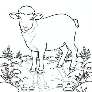 solo, chủ đề đơn, một đầu, hai mắt, hai tai, bốn chân, một đuôi, tỷ lệ tự nhiên, quy mô thích hợp trong môi trường, đúng giải phẫu, Cừu, Nước trong, đá cuội, thực vật nhỏ, đáy suối, đá, ánh sáng mặt trời, phản chiếu, mịn, nông, yên tĩnh, trang màu, nghệ thuật đường, nền trắng, solo, chủ đề đơn, đúng giải phẫu, giải phẫu hoàn hảo