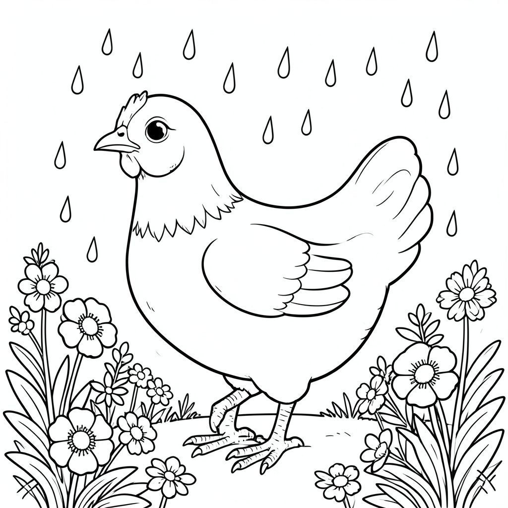 solo, một con chim, một đầu, hai mắt, một mỏ, hai cánh, hai chân, một đuôi, tỷ lệ tự nhiên, quy mô thích hợp trong môi trường, đúng giải phẫu, gà, vườn, hoa, tròng mắt, mưa, giọt nước, ánh sáng mặt trời, rõ ràng, tươi tốt, mềm mại, độ sâu, trang màu, nghệ thuật đường, nền trắng, solo, chủ đề đơn, chính xác về mặt giải phẫu, giải phẫu hoàn hảo