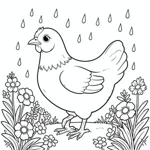 solo, một con chim, một đầu, hai mắt, một mỏ, hai cánh, hai chân, một đuôi, tỷ lệ tự nhiên, quy mô thích hợp trong môi trường, đúng giải phẫu, gà, vườn, hoa, tròng mắt, mưa, giọt nước, ánh sáng mặt trời, rõ ràng, tươi tốt, mềm mại, độ sâu, trang màu, nghệ thuật đường, nền trắng, solo, chủ đề đơn, chính xác về mặt giải phẫu, giải phẫu hoàn hảo