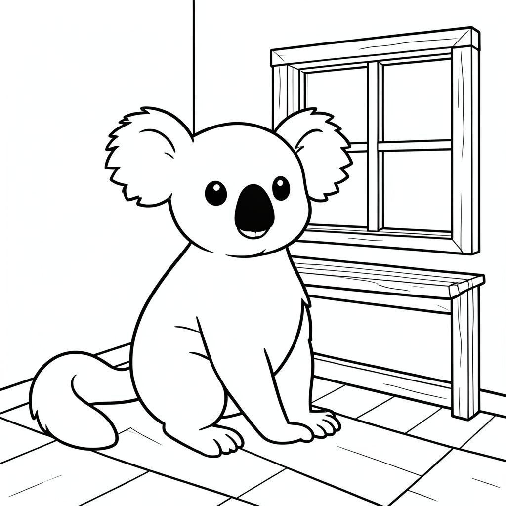 solo, chủ đề đơn, một đầu, hai mắt, hai tai, bốn chân, một đuôi, tỷ lệ tự nhiên, quy mô thích hợp trong môi trường, đúng về mặt giải phẫu, Koala, Kệ đồ chơi, Chỗ ngồi cửa sổ, sàn nhà, khung gỗ, nền đơn giản, dọn dẹp, trắng, ấm cúng, nhỏ, phòng, trang màu, nghệ thuật đường, nền trắng, solo, chủ đề đơn, đúng về mặt giải phẫu, giải phẫu hoàn hảo