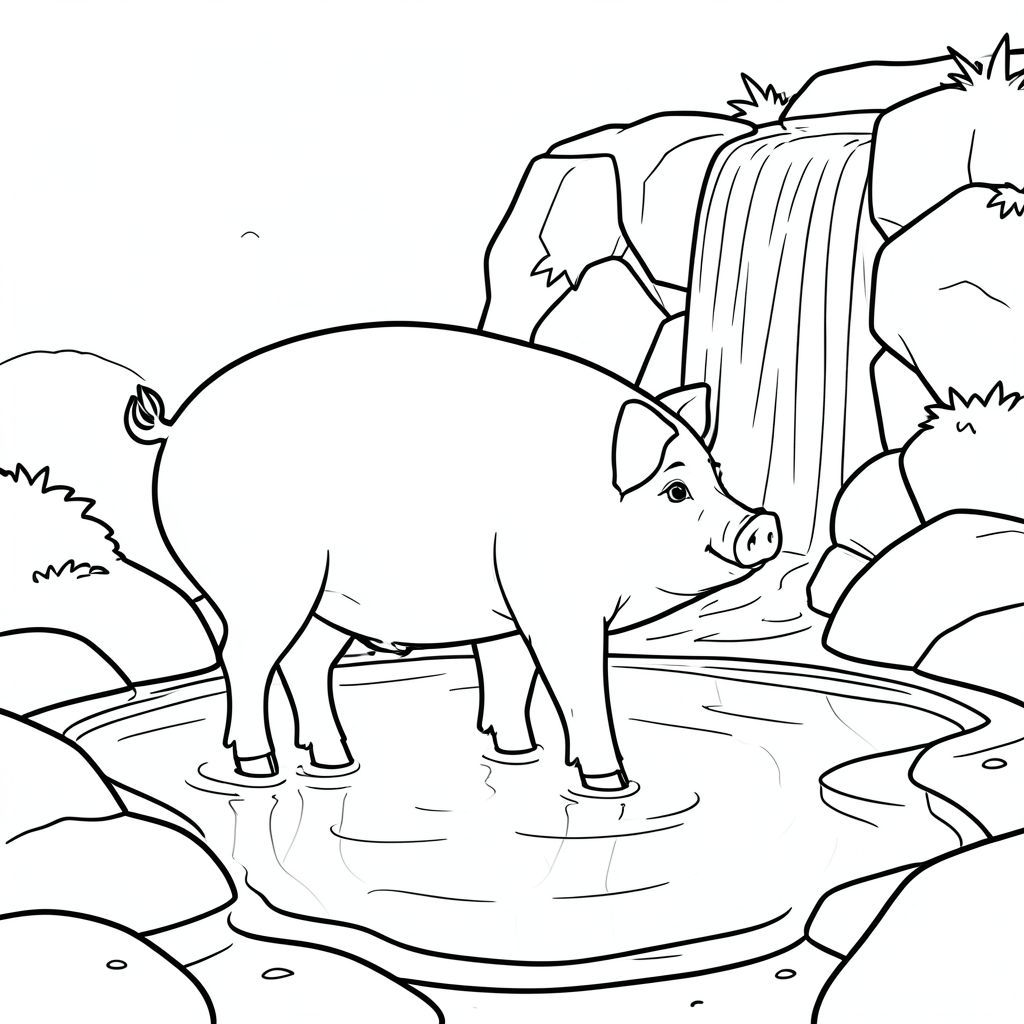 solo, chủ đề đơn, một đầu, hai mắt, hai tai, bốn chân, một đuôi, tỷ lệ tự nhiên, quy mô thích hợp trong môi trường, đúng giải phẫu, Con lợn, Thác nước, hồ bơi, đá, nước trong, nhỏ, đơn giản, sạch sẽ, lý lịch, phản chiếu, mịn, trang màu, nghệ thuật đường, nền trắng, solo, chủ đề đơn, đúng về mặt giải phẫu, giải phẫu hoàn hảo