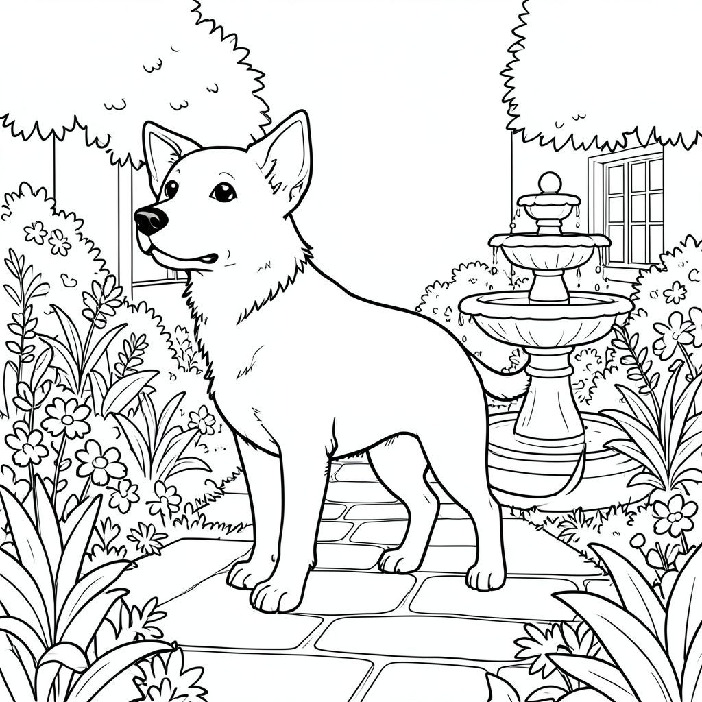 solo, chủ đề đơn, một đầu, hai mắt, hai tai, bốn chân, một đuôi, tỷ lệ tự nhiên, quy mô thích hợp trong môi trường, đúng giải phẫu,, vườn, sân, thực vật, đài phun nước, đá, con đường, ánh sáng mặt trời, trong sáng, yên bình, yên tĩnh, trang màu, nghệ thuật đường, nền trắng, solo, chủ đề đơn, đúng về mặt giải phẫu, giải phẫu hoàn hảo