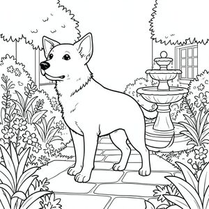 solo, chủ đề đơn, một đầu, hai mắt, hai tai, bốn chân, một đuôi, tỷ lệ tự nhiên, quy mô thích hợp trong môi trường, đúng giải phẫu,, vườn, sân, thực vật, đài phun nước, đá, con đường, ánh sáng mặt trời, trong sáng, yên bình, yên tĩnh, trang màu, nghệ thuật đường, nền trắng, solo, chủ đề đơn, đúng về mặt giải phẫu, giải phẫu hoàn hảo