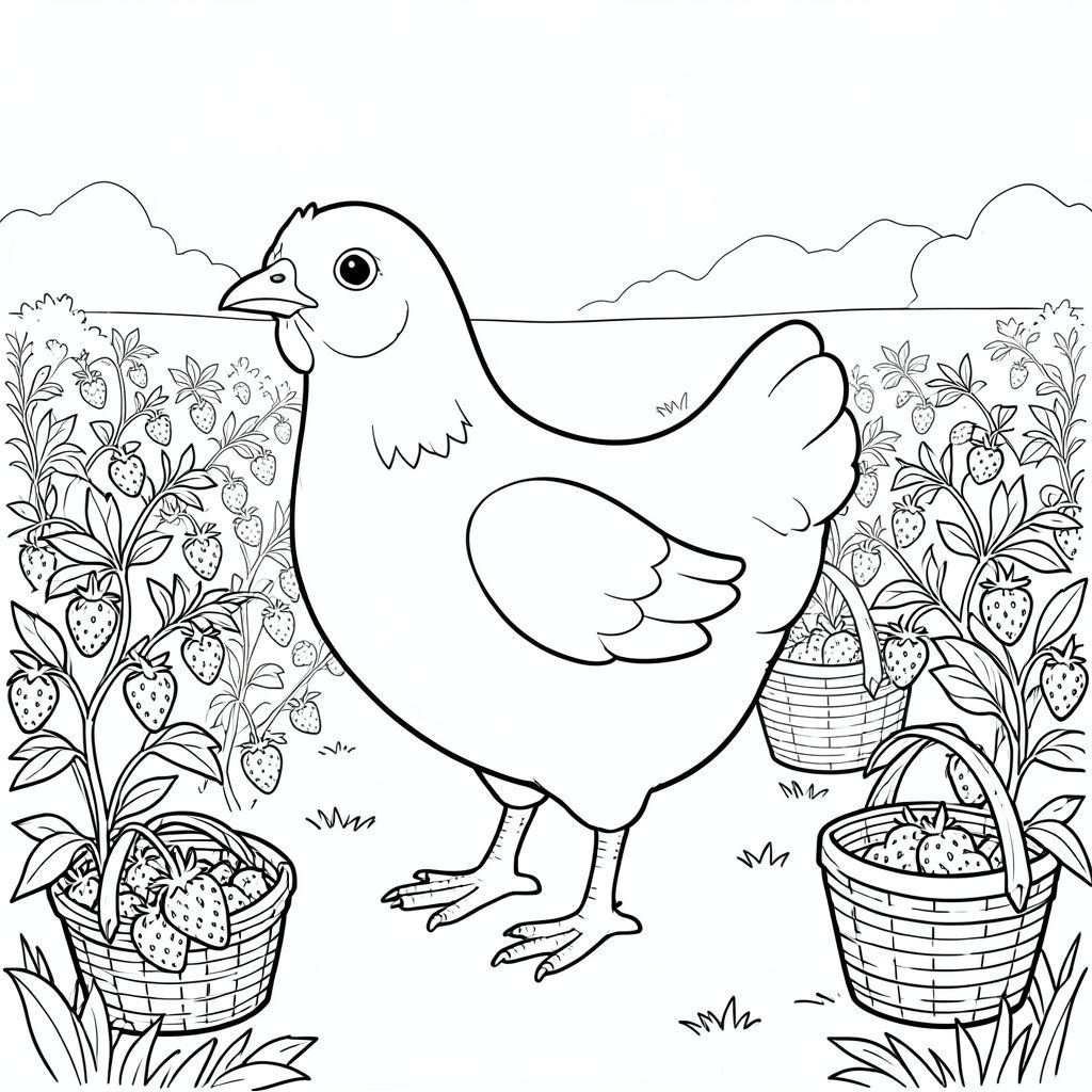 solo, một con chim, một đầu, hai mắt, một mỏ, hai cánh, hai chân, một đuôi, tỷ lệ tự nhiên, quy mô thích hợp trong môi trường, đúng giải phẫu, gà, cánh đồng dâu tây, hàng, cây quả mọng, giỏ, nắng, đơn giản, lý lịch, dọn dẹp, màu nước rửa, sách truyện, trang màu, nghệ thuật đường, nền trắng, solo, chủ đề đơn, chính xác về mặt giải phẫu, giải phẫu hoàn hảo