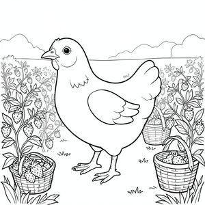 solo, một con chim, một đầu, hai mắt, một mỏ, hai cánh, hai chân, một đuôi, tỷ lệ tự nhiên, quy mô thích hợp trong môi trường, đúng giải phẫu, gà, cánh đồng dâu tây, hàng, cây quả mọng, giỏ, nắng, đơn giản, lý lịch, dọn dẹp, màu nước rửa, sách truyện, trang màu, nghệ thuật đường, nền trắng, solo, chủ đề đơn, chính xác về mặt giải phẫu, giải phẫu hoàn hảo