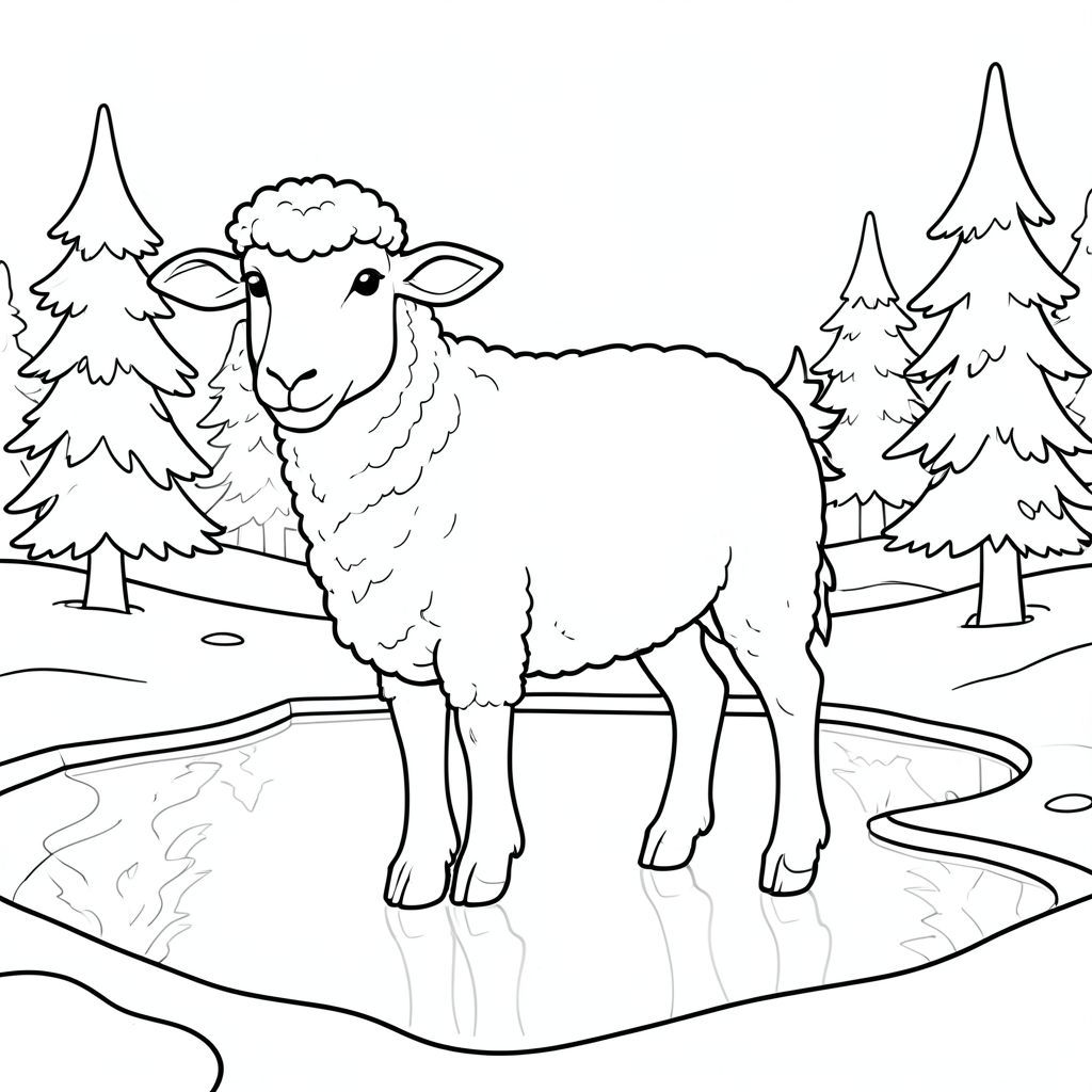 solo, chủ đề đơn, một đầu, hai mắt, hai tai, bốn chân, một đuôi, tỷ lệ tự nhiên, quy mô thích hợp trong môi trường, đúng giải phẫu, Cừu, Băng, ao, tuyết, thường xanh, mùa đông, rõ ràng, lạnh, phản chiếu, mịn, đóng băng, trang màu, nghệ thuật đường nét, nền trắng, solo, chủ đề đơn, đúng giải phẫu, giải phẫu hoàn hảo