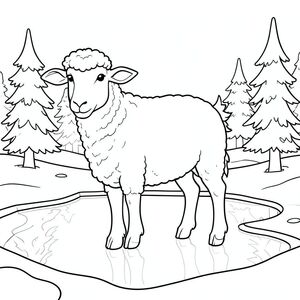 solo, chủ đề đơn, một đầu, hai mắt, hai tai, bốn chân, một đuôi, tỷ lệ tự nhiên, quy mô thích hợp trong môi trường, đúng giải phẫu, Cừu, Băng, ao, tuyết, thường xanh, mùa đông, rõ ràng, lạnh, phản chiếu, mịn, đóng băng, trang màu, nghệ thuật đường nét, nền trắng, solo, chủ đề đơn, đúng giải phẫu, giải phẫu hoàn hảo