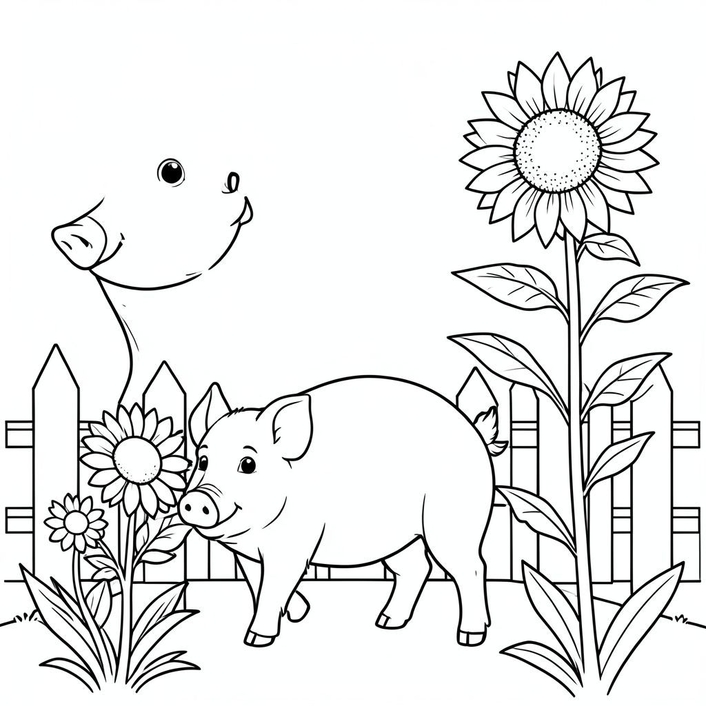 solo, chủ đề đơn, một đầu, hai mắt, hai tai, bốn chân, một đuôi, tỷ lệ tự nhiên, quy mô thích hợp trong môi trường, đúng giải phẫu, con lợn, hướng dương, vá, cao, nở hoa, vui mừng, vườn, cây cọc, hàng rào, đơn giản, lý lịch, trang màu, nghệ thuật đường, nền trắng, solo, chủ đề đơn, đúng giải phẫu, giải phẫu hoàn hảo