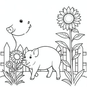 solo, chủ đề đơn, một đầu, hai mắt, hai tai, bốn chân, một đuôi, tỷ lệ tự nhiên, quy mô thích hợp trong môi trường, đúng giải phẫu, con lợn, hướng dương, vá, cao, nở hoa, vui mừng, vườn, cây cọc, hàng rào, đơn giản, lý lịch, trang màu, nghệ thuật đường, nền trắng, solo, chủ đề đơn, đúng giải phẫu, giải phẫu hoàn hảo