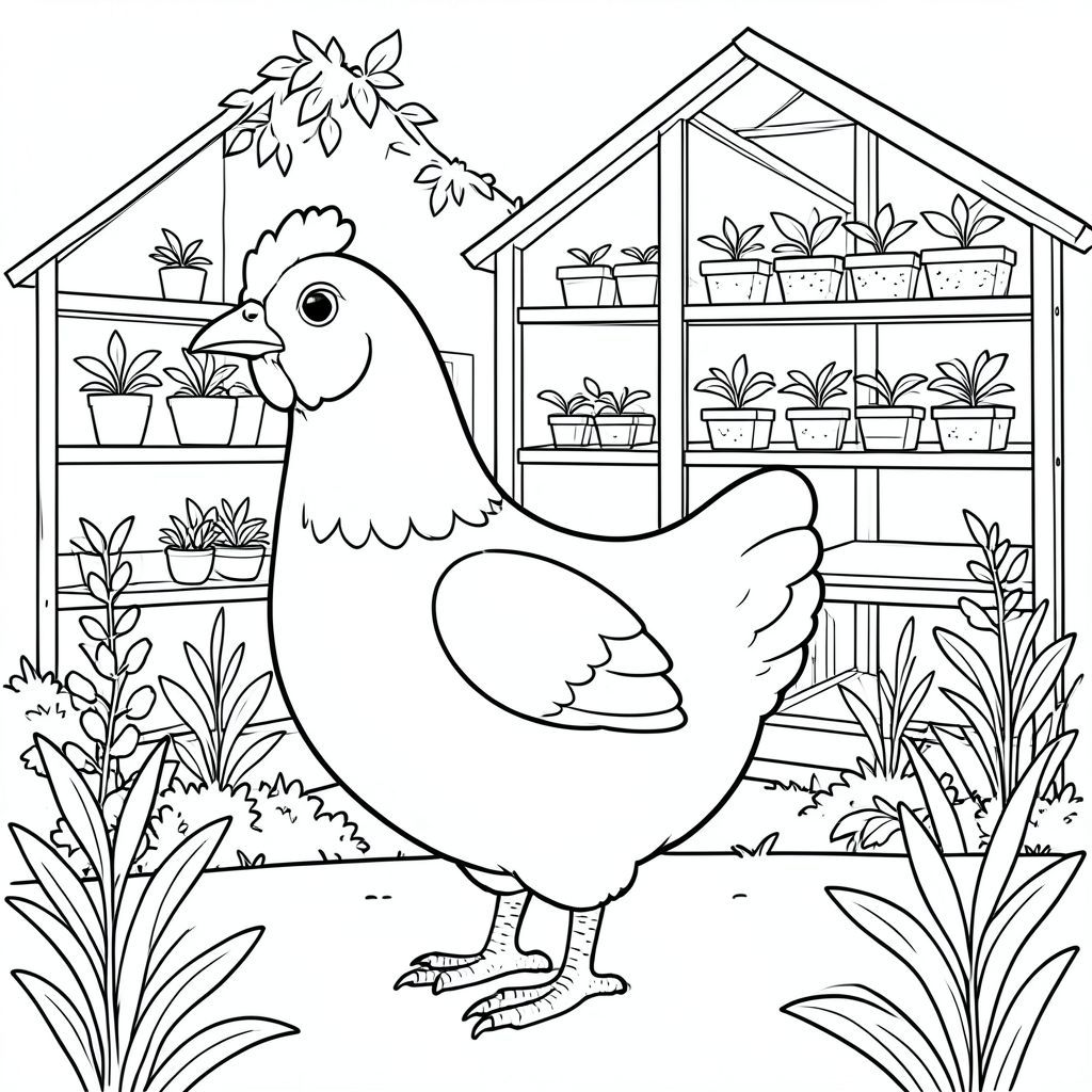 solo, một con chim, một đầu, hai mắt, một mỏ, hai cánh, hai chân, một đuôi, tỷ lệ tự nhiên, quy mô thích hợp trong môi trường, đúng giải phẫu, gà, Nhà kính, kệ, cây con, Bằng gỗ, đơn giản, sạch sẽ, tự nhiên, lý lịch, Tán lá, thực vật, trang tô màu, nghệ thuật đường, nền trắng, solo, chủ đề đơn, đúng giải phẫu, giải phẫu hoàn hảo