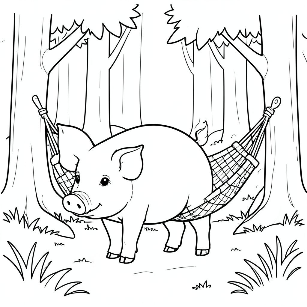 solo, chủ đề đơn, một đầu, hai mắt, hai tai, bốn chân, một đuôi, tỷ lệ tự nhiên, quy mô thích hợp trong môi trường, đúng giải phẫu, Con lợn, rừng nắng, dọn dẹp, cây cối, Võng, dệt, đơn giản, lý lịch, dọn dẹp, sàn rừng, cỏ, trang tô màu, nghệ thuật đường, nền trắng, solo, chủ đề đơn, đúng về mặt giải phẫu, giải phẫu hoàn hảo