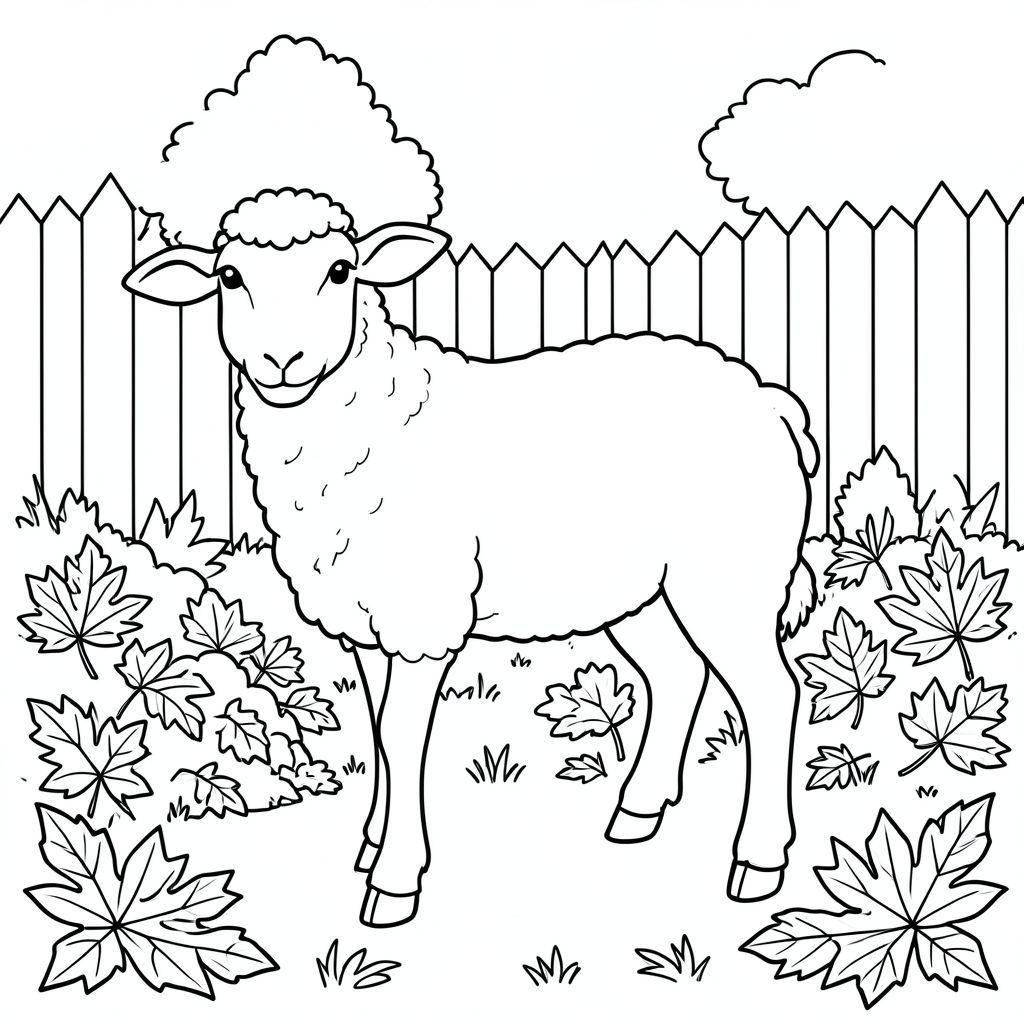 solo, chủ đề đơn, một đầu, hai mắt, hai tai, bốn chân, một đuôi, tỷ lệ tự nhiên, quy mô thích hợp trong môi trường, đúng giải phẫu, Cừu, Mùa thu, sân sau, lá, cọc, ấm áp, nắng, đơn giản, sạch sẽ, lý lịch, tuyến tính, tô màu, nghệ thuật đường, nền trắng, solo, chủ đề đơn, đúng về mặt giải phẫu, giải phẫu hoàn hảo