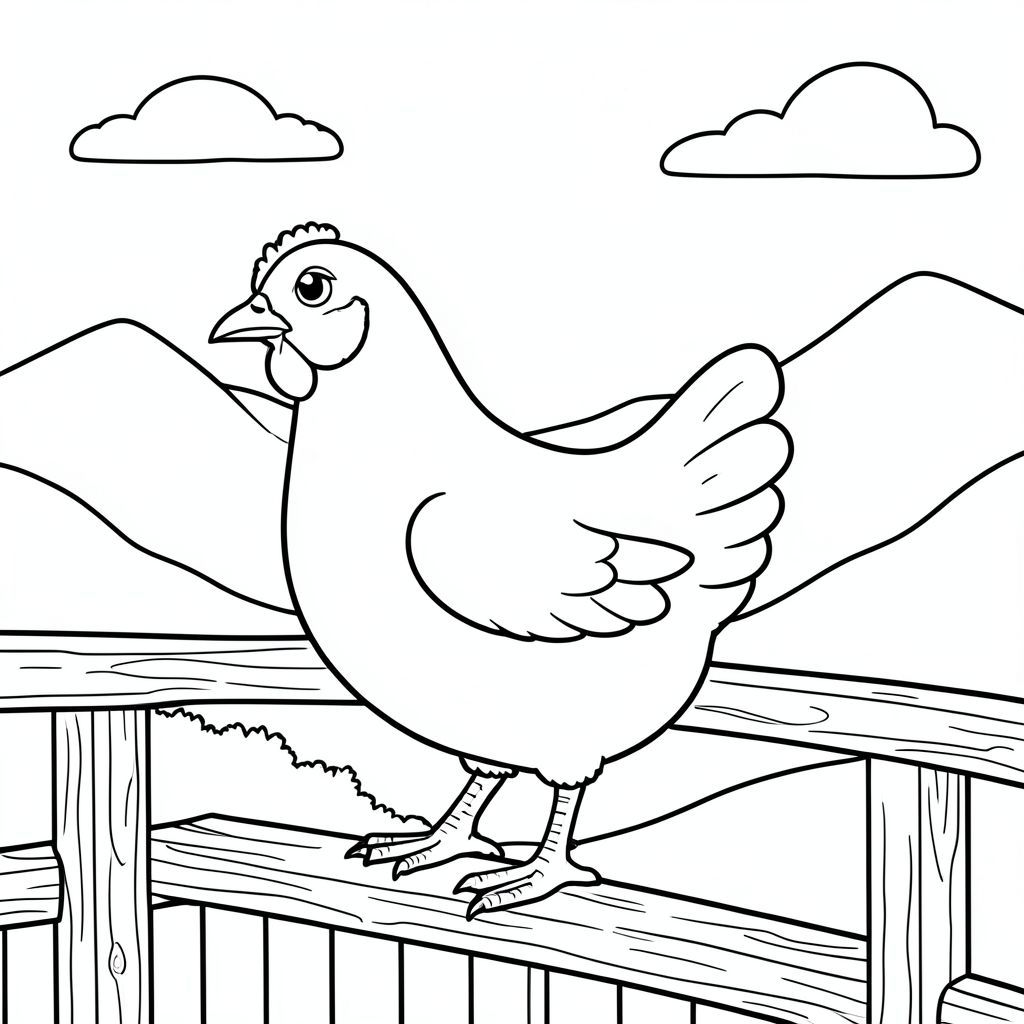 solo, một con chim, một đầu, hai mắt, một mỏ, hai cánh, hai chân, một đuôi, tỷ lệ tự nhiên, quy mô thích hợp trong môi trường, đúng giải phẫu, gà, núi, quan sát, lan can gỗ, đơn giản, dọn dẹp, lý lịch, phong cảnh, đường chân trời, bầu trời, trang màu, nghệ thuật đường, nền trắng, solo, chủ đề đơn, đúng về mặt giải phẫu, giải phẫu hoàn hảo