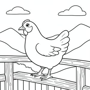 solo, một con chim, một đầu, hai mắt, một mỏ, hai cánh, hai chân, một đuôi, tỷ lệ tự nhiên, quy mô thích hợp trong môi trường, đúng giải phẫu, gà, núi, quan sát, lan can gỗ, đơn giản, dọn dẹp, lý lịch, phong cảnh, đường chân trời, bầu trời, trang màu, nghệ thuật đường, nền trắng, solo, chủ đề đơn, đúng về mặt giải phẫu, giải phẫu hoàn hảo