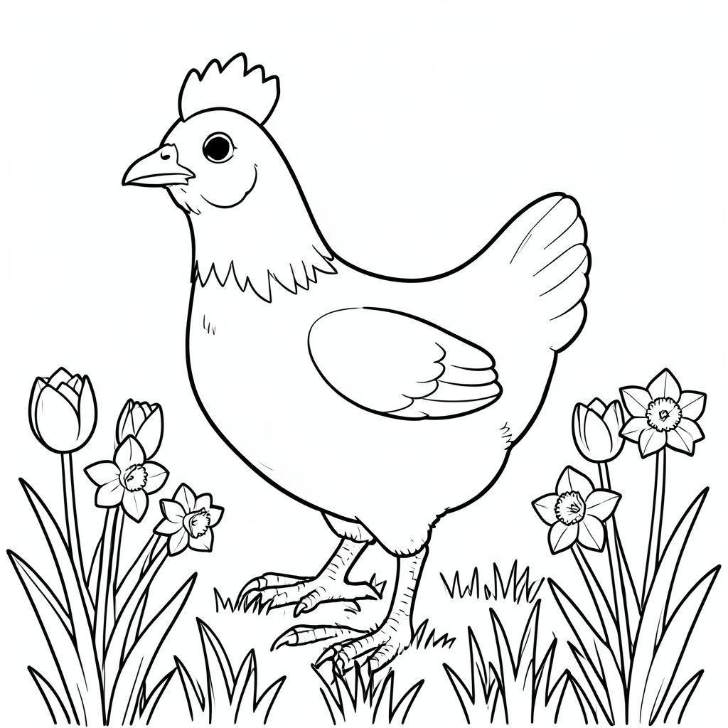 solo, một con chim, một đầu, hai mắt, một mỏ, hai cánh, hai chân, một đuôi, tỷ lệ tự nhiên, quy mô thích hợp trong môi trường, đúng giải phẫu, gà, hoa, vườn, hoa tulip, hoa thủy tiên, ánh sáng mặt trời, trong sáng, cỏ, hàng, gọn gàng, có trật tự, tô màu, nghệ thuật đường, nền trắng, solo, chủ đề đơn, đúng giải phẫu, giải phẫu hoàn hảo