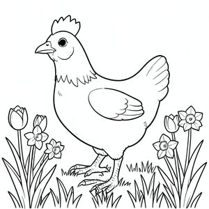 solo, một con chim, một đầu, hai mắt, một mỏ, hai cánh, hai chân, một đuôi, tỷ lệ tự nhiên, quy mô thích hợp trong môi trường, đúng giải phẫu, gà, hoa, vườn, hoa tulip, hoa thủy tiên, ánh sáng mặt trời, trong sáng, cỏ, hàng, gọn gàng, có trật tự, tô màu, nghệ thuật đường, nền trắng, solo, chủ đề đơn, đúng giải phẫu, giải phẫu hoàn hảo