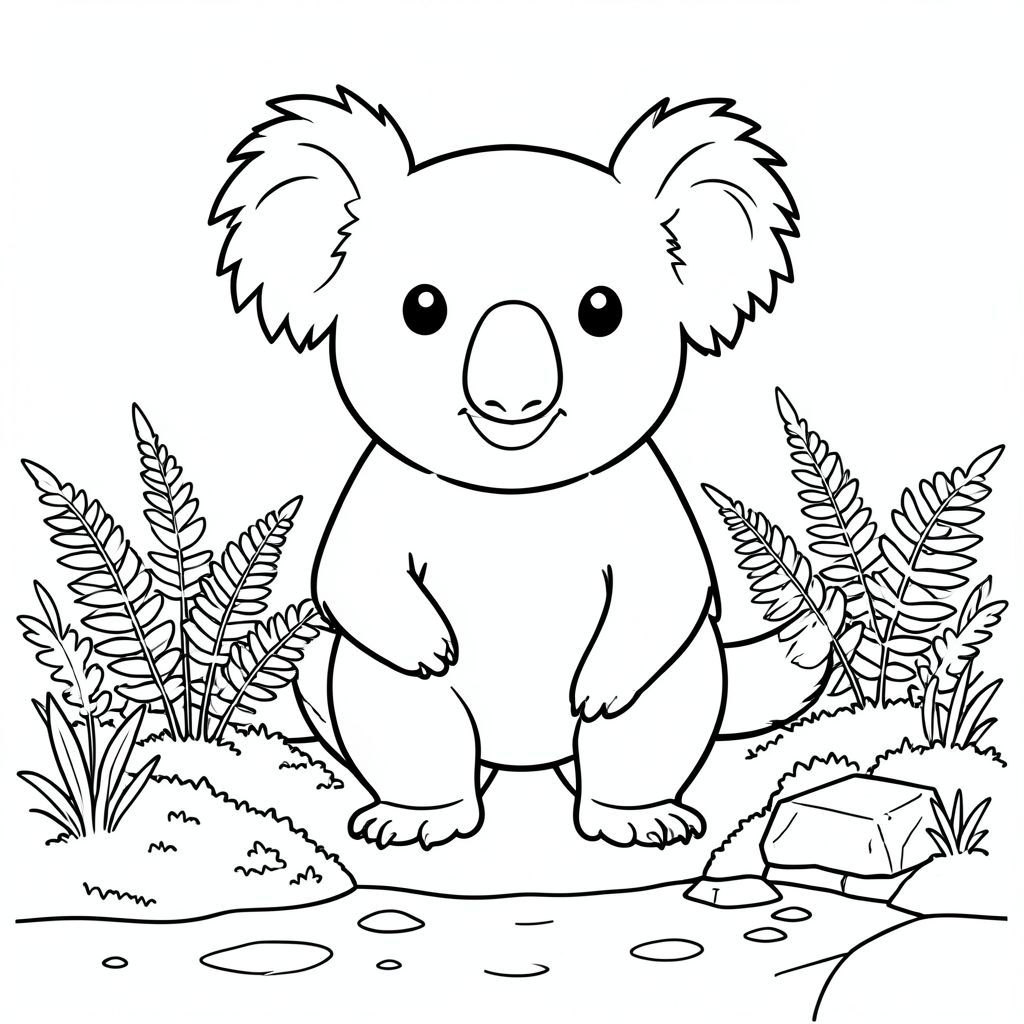 solo, chủ đề đơn, một đầu, hai mắt, hai tai, bốn chân, một đuôi, tỷ lệ tự nhiên, quy mô thích hợp trong môi trường, đúng giải phẫu, Koala, Vườn mưa, dương xỉ, rêu, nước, ống xả, đá, nhỏ, đơn giản, sạch sẽ, lý lịch, tô màu, nghệ thuật đường, nền trắng, solo, chủ đề đơn, đúng giải phẫu, giải phẫu hoàn hảo
