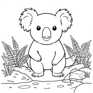 solo, chủ đề đơn, một đầu, hai mắt, hai tai, bốn chân, một đuôi, tỷ lệ tự nhiên, quy mô thích hợp trong môi trường, đúng giải phẫu, Koala, Vườn mưa, dương xỉ, rêu, nước, ống xả, đá, nhỏ, đơn giản, sạch sẽ, lý lịch, tô màu, nghệ thuật đường, nền trắng, solo, chủ đề đơn, đúng giải phẫu, giải phẫu hoàn hảo
