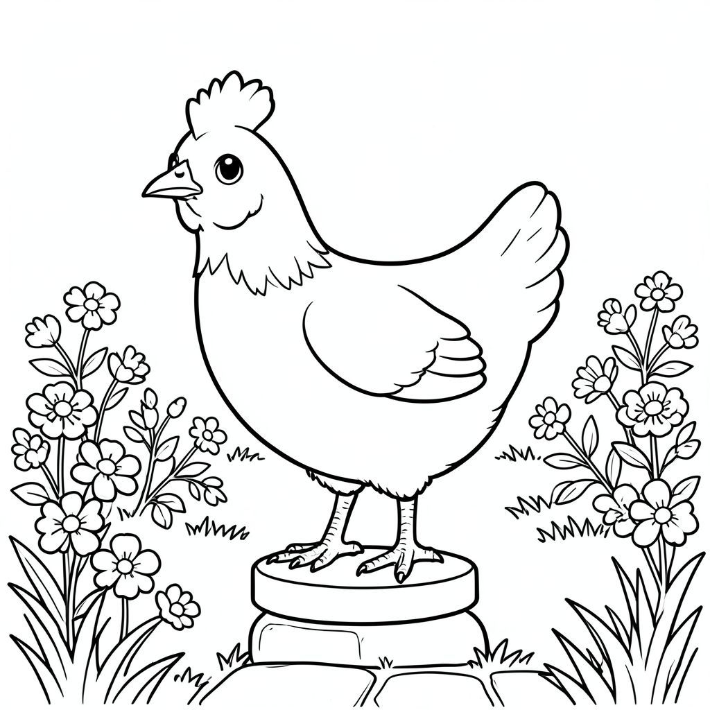 solo, một con chim, một đầu, hai mắt, một mỏ, hai cánh, hai chân, một đuôi, tỷ lệ tự nhiên, quy mô thích hợp trong môi trường, đúng giải phẫu, gà, vườn, sân sau, bệ, hoa, nắng, cỏ, con đường, đá, nhỏ, đơn giản, tô màu, nghệ thuật đường, nền trắng, solo, chủ đề đơn, chính xác về mặt giải phẫu, giải phẫu hoàn hảo