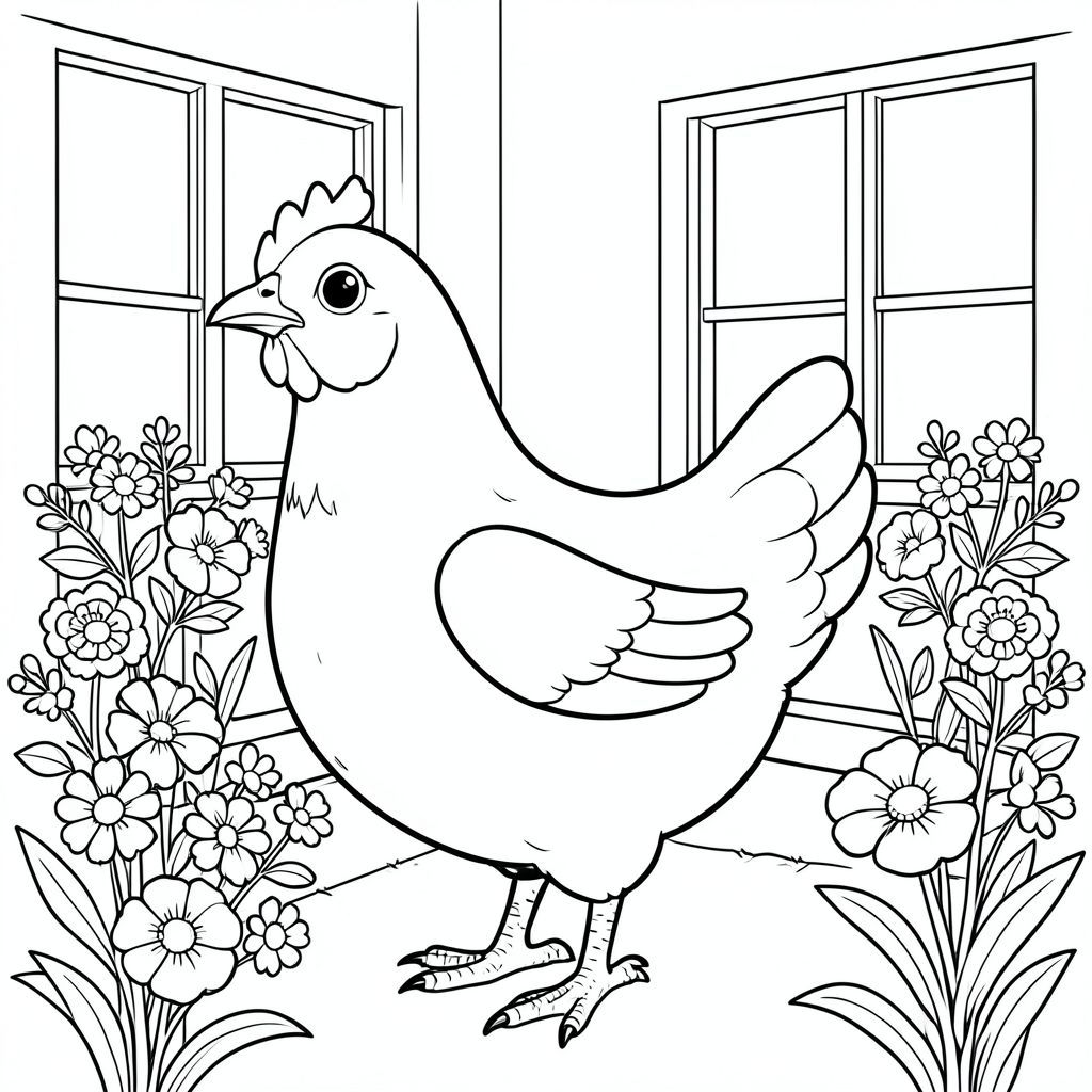 solo, một con chim, một đầu, hai mắt, một mỏ, hai cánh, hai chân, một đuôi, tỷ lệ tự nhiên, quy mô thích hợp trong môi trường, đúng giải phẫu, gà, Hoa, bó hoa, Cửa sổ, nền đơn giản, dọn dẹp, tinh khiết, sách truyện, tinh khiết, trắng, tô màu, nghệ thuật đường, nền trắng, solo, chủ đề đơn, đúng về mặt giải phẫu, giải phẫu hoàn hảo