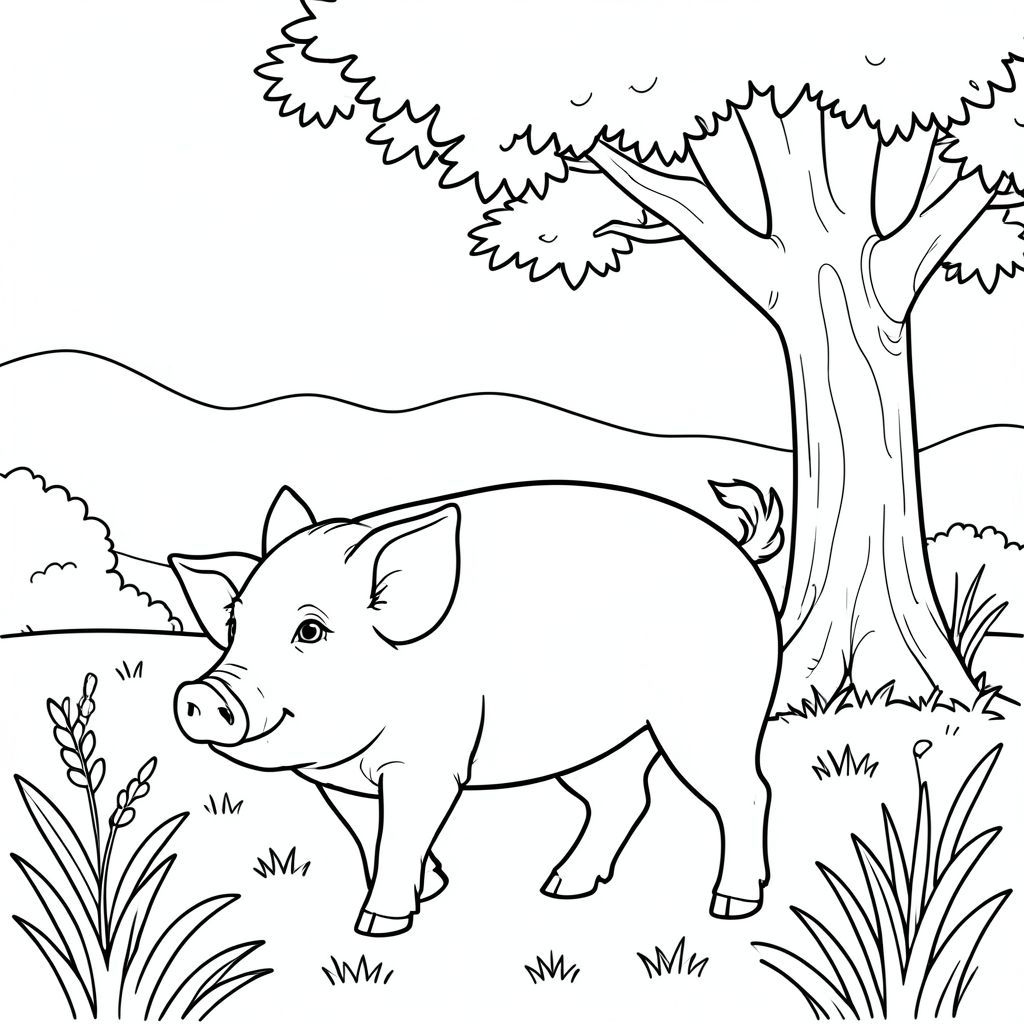 solo, chủ đề đơn, một đầu, hai mắt, hai tai, bốn chân, một đuôi, tỷ lệ tự nhiên, quy mô thích hợp trong môi trường, đúng giải phẫu, con lợn, đồng cỏ, cây sồi, bóng râm, ánh sáng mặt trời, nền đơn giản, dọn dẹp, tinh khiết, sách truyện, bản vẽ, hòa bình, trang màu, nghệ thuật đường, nền trắng, solo, chủ đề đơn, đúng về mặt giải phẫu, giải phẫu hoàn hảo