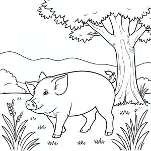 solo, chủ đề đơn, một đầu, hai mắt, hai tai, bốn chân, một đuôi, tỷ lệ tự nhiên, quy mô thích hợp trong môi trường, đúng giải phẫu, con lợn, đồng cỏ, cây sồi, bóng râm, ánh sáng mặt trời, nền đơn giản, dọn dẹp, tinh khiết, sách truyện, bản vẽ, hòa bình, trang màu, nghệ thuật đường, nền trắng, solo, chủ đề đơn, đúng về mặt giải phẫu, giải phẫu hoàn hảo