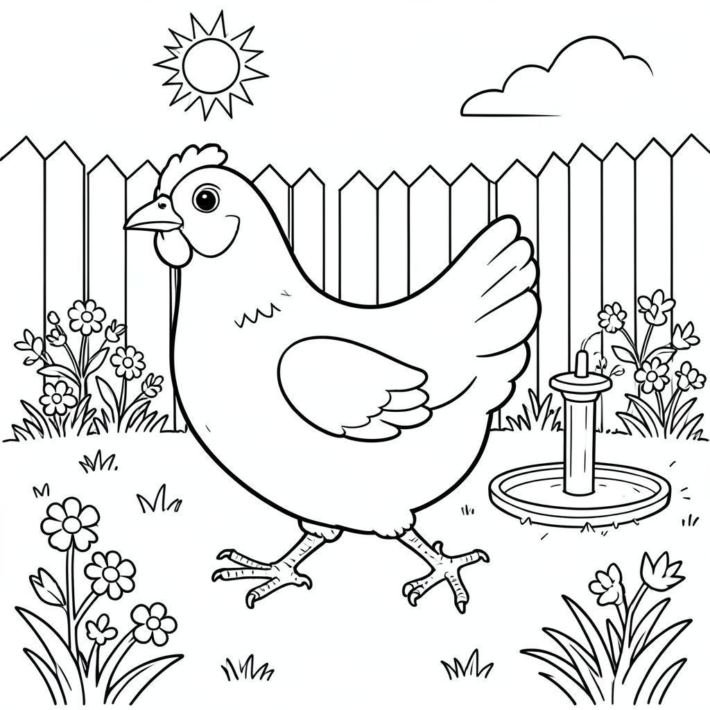 solo, một con chim, một đầu, hai mắt, một mỏ, hai cánh, hai chân, một đuôi, tỷ lệ tự nhiên, quy mô thích hợp trong môi trường, đúng giải phẫu, gà, nắng, sân sau, mùa hè, ngày, vòi phun nước, chạy, cỏ, hoa, nhỏ, đơn giản, trang màu, nghệ thuật đường, nền trắng, solo, chủ đề đơn, chính xác về mặt giải phẫu, giải phẫu hoàn hảo