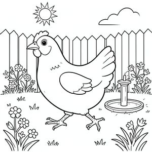 solo, một con chim, một đầu, hai mắt, một mỏ, hai cánh, hai chân, một đuôi, tỷ lệ tự nhiên, quy mô thích hợp trong môi trường, đúng giải phẫu, gà, nắng, sân sau, mùa hè, ngày, vòi phun nước, chạy, cỏ, hoa, nhỏ, đơn giản, trang màu, nghệ thuật đường, nền trắng, solo, chủ đề đơn, chính xác về mặt giải phẫu, giải phẫu hoàn hảo