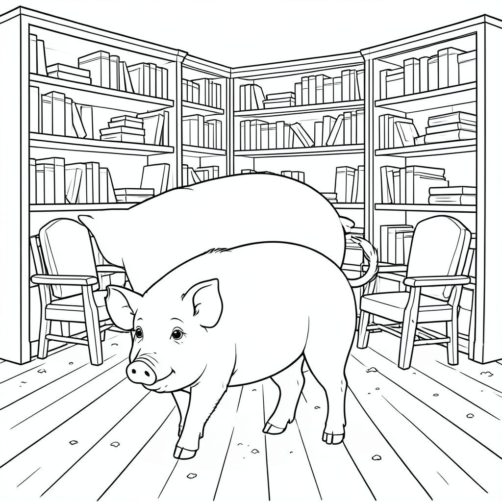 solo, chủ đề đơn, một đầu, hai mắt, hai tai, bốn chân, một đuôi, tỷ lệ tự nhiên, quy mô thích hợp trong môi trường, đúng giải phẫu, Con lợn, giá sách, kệ, ngăn xếp, ghế đọc, mềm, sàn gỗ, bụi, mờ, đồ cũ, cũ, trang màu, nghệ thuật đường, nền trắng, solo, chủ đề đơn, đúng về mặt giải phẫu, giải phẫu hoàn hảo