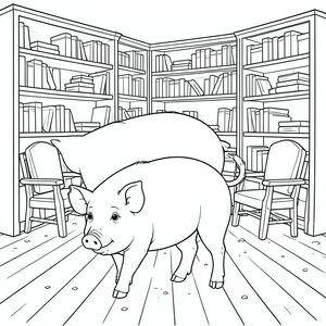 solo, chủ đề đơn, một đầu, hai mắt, hai tai, bốn chân, một đuôi, tỷ lệ tự nhiên, quy mô thích hợp trong môi trường, đúng giải phẫu, Con lợn, giá sách, kệ, ngăn xếp, ghế đọc, mềm, sàn gỗ, bụi, mờ, đồ cũ, cũ, trang màu, nghệ thuật đường, nền trắng, solo, chủ đề đơn, đúng về mặt giải phẫu, giải phẫu hoàn hảo