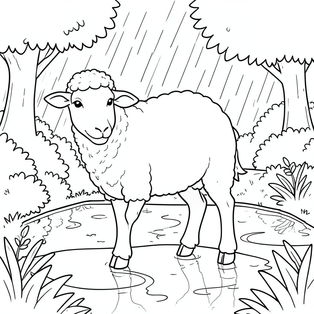 solo, chủ đề đơn, một đầu, hai mắt, hai tai, bốn chân, một đuôi, tỷ lệ tự nhiên, quy mô thích hợp trong môi trường, đúng giải phẫu, Cừu, Mưa, vũng nước, đường vườn, yên tĩnh, đơn giản, dọn dẹp, lý lịch, tán lá, cây, phản chiếu, trang màu, nghệ thuật đường, nền trắng, solo, chủ đề đơn, đúng giải phẫu, giải phẫu hoàn hảo