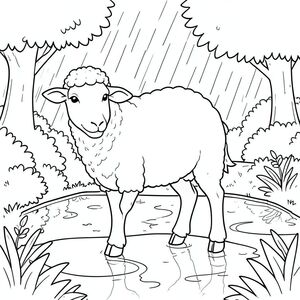 solo, chủ đề đơn, một đầu, hai mắt, hai tai, bốn chân, một đuôi, tỷ lệ tự nhiên, quy mô thích hợp trong môi trường, đúng giải phẫu, Cừu, Mưa, vũng nước, đường vườn, yên tĩnh, đơn giản, dọn dẹp, lý lịch, tán lá, cây, phản chiếu, trang màu, nghệ thuật đường, nền trắng, solo, chủ đề đơn, đúng giải phẫu, giải phẫu hoàn hảo