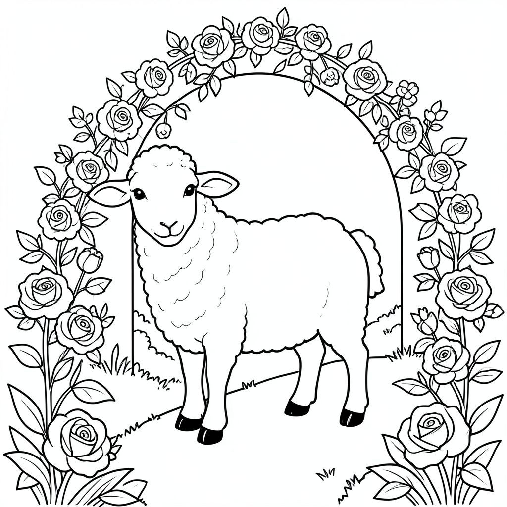 solo, chủ đề đơn, một đầu, hai mắt, hai tai, bốn chân, một đuôi, tỷ lệ tự nhiên, quy mô thích hợp trong môi trường, đúng giải phẫu, Cừu, đường vườn, quanh co, Cổng vòm, Hoa hồng, leo núi, đơn giản, dọn dẹp, lý lịch, Sách truyện, thuần khiết, trang màu, nghệ thuật đường, nền trắng, Solo, chủ đề đơn, đúng về giải phẫu, giải phẫu hoàn hảo