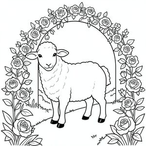 solo, chủ đề đơn, một đầu, hai mắt, hai tai, bốn chân, một đuôi, tỷ lệ tự nhiên, quy mô thích hợp trong môi trường, đúng giải phẫu, Cừu, đường vườn, quanh co, Cổng vòm, Hoa hồng, leo núi, đơn giản, dọn dẹp, lý lịch, Sách truyện, thuần khiết, trang màu, nghệ thuật đường, nền trắng, Solo, chủ đề đơn, đúng về giải phẫu, giải phẫu hoàn hảo