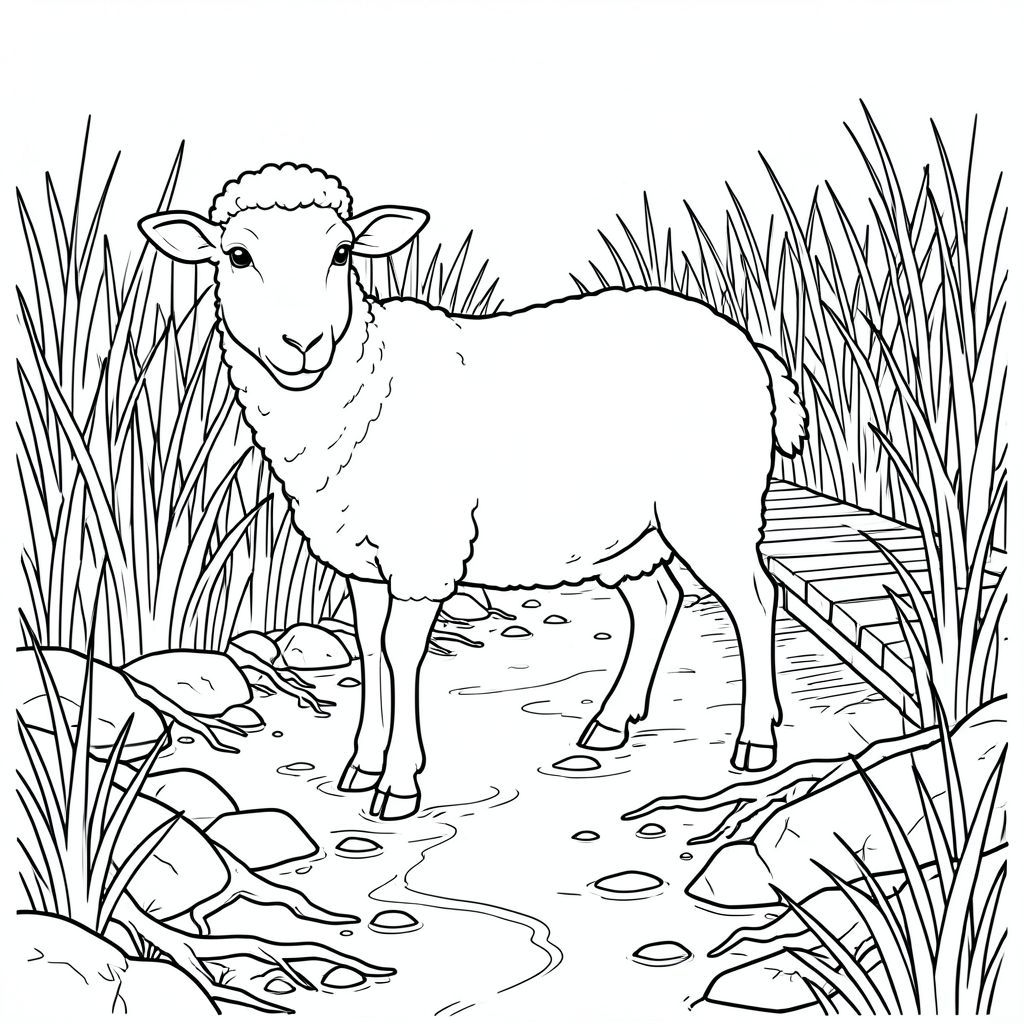 solo, chủ đề đơn, một đầu, hai mắt, hai tai, bốn chân, một đuôi, tỷ lệ tự nhiên, quy mô thích hợp trong môi trường, đúng giải phẫu, Cừu, Đầm lầy, đất ngập nước, lối đi lát ván, con đường, đá, rễ, bùn, Nước, ánh sáng mặt trời, rõ ràng, trang màu, nghệ thuật đường, nền trắng, solo, chủ đề đơn, đúng về mặt giải phẫu, giải phẫu hoàn hảo