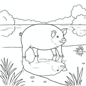 solo, chủ đề đơn, một đầu, hai mắt, hai tai, bốn chân, một đuôi, tỷ lệ tự nhiên, quy mô thích hợp trong môi trường, đúng giải phẫu, Con lợn, Hồ, bờ biển, gương, vẫn, điềm tĩnh, Nước, phản chiếu, mịn, rõ ràng, Mở rộng, trang màu, nghệ thuật đường, nền trắng, solo, chủ đề đơn, đúng về mặt giải phẫu, giải phẫu hoàn hảo