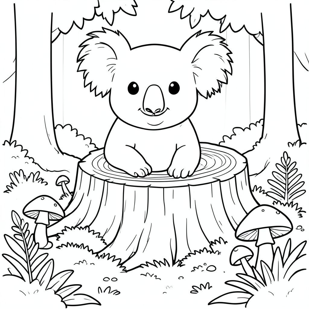 solo, chủ đề đơn, một đầu, hai mắt, hai tai, bốn chân, một đuôi, tỷ lệ tự nhiên, quy mô thích hợp trong môi trường, đúng giải phẫu, Koala, Rừng cây, gốc cây rỗng, nấm, sàn rừng, ánh sáng mặt trời, nền đơn giản, dọn dẹp, rừng, tán lá, rêu, trang tô màu, nghệ thuật đường, nền trắng, solo, chủ đề đơn, đúng giải phẫu, giải phẫu hoàn hảo