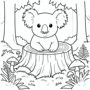 solo, chủ đề đơn, một đầu, hai mắt, hai tai, bốn chân, một đuôi, tỷ lệ tự nhiên, quy mô thích hợp trong môi trường, đúng giải phẫu, Koala, Rừng cây, gốc cây rỗng, nấm, sàn rừng, ánh sáng mặt trời, nền đơn giản, dọn dẹp, rừng, tán lá, rêu, trang tô màu, nghệ thuật đường, nền trắng, solo, chủ đề đơn, đúng giải phẫu, giải phẫu hoàn hảo